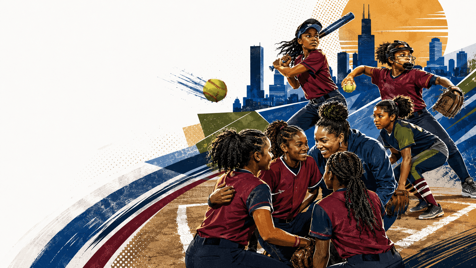 Illustrated collage of girls practicing softball and leadership with supportive adults