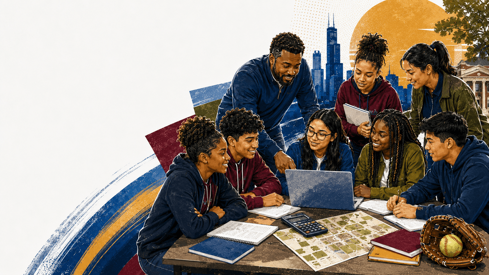Illustrated collage of young people and mentors learning together